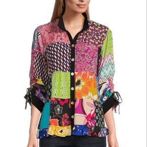 John Mark Woven Patch Print Wire collar 3/4 Cinch Tie Sleeves Button-Front Shirt